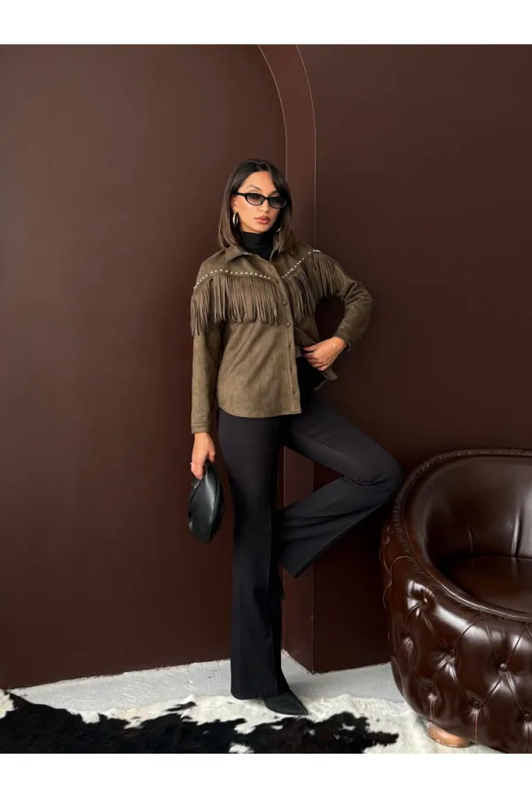 Topshow Püsküllü Droplı Scuba Süet Toptan Gömlek - Haki | F2029