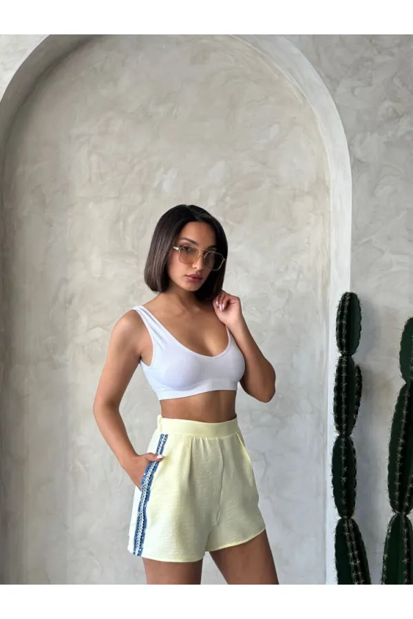 Kot Detaylı Şort - Sarı | Topshow