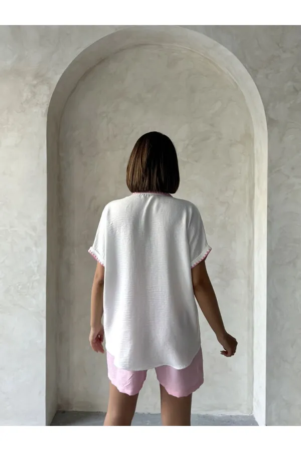 Çoban  Dikişli Keten Gömlek - Krem Pembe - D2597 | Topshow