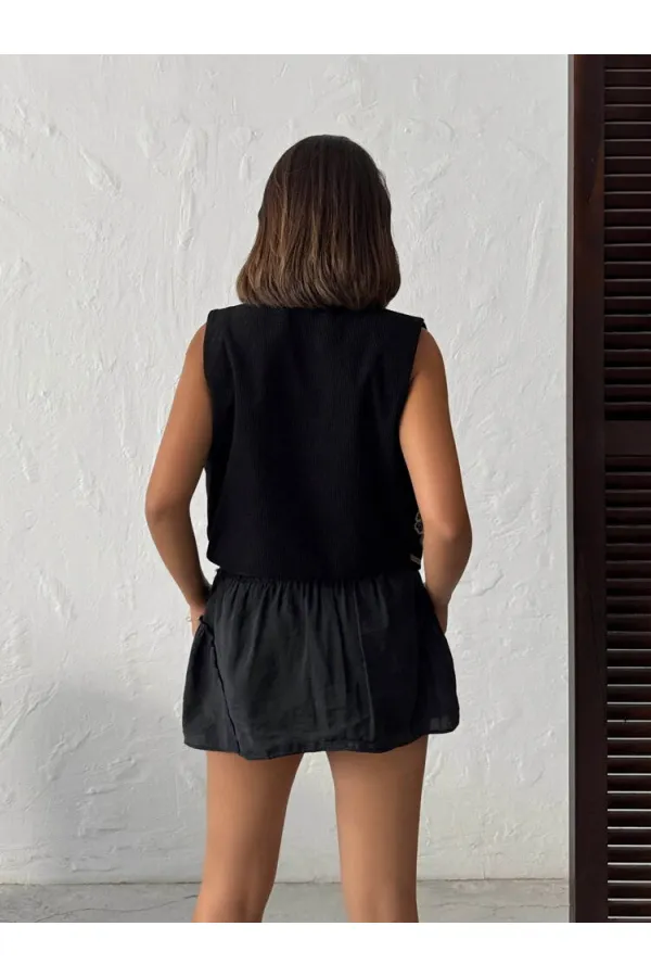 Topshow - Toptan Fitili Kadife Nakışlı Yelek - Siyah