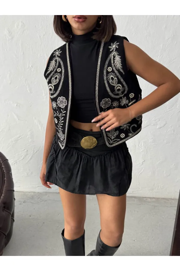 Topshow - Toptan Fitili Kadife Nakışlı Yelek - Siyah