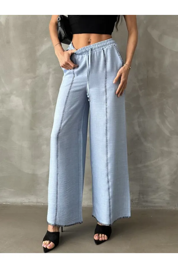 Nakışlı Keten Boru Paça Toptan Pantolon - Mavi | TOPSHOW | F1675