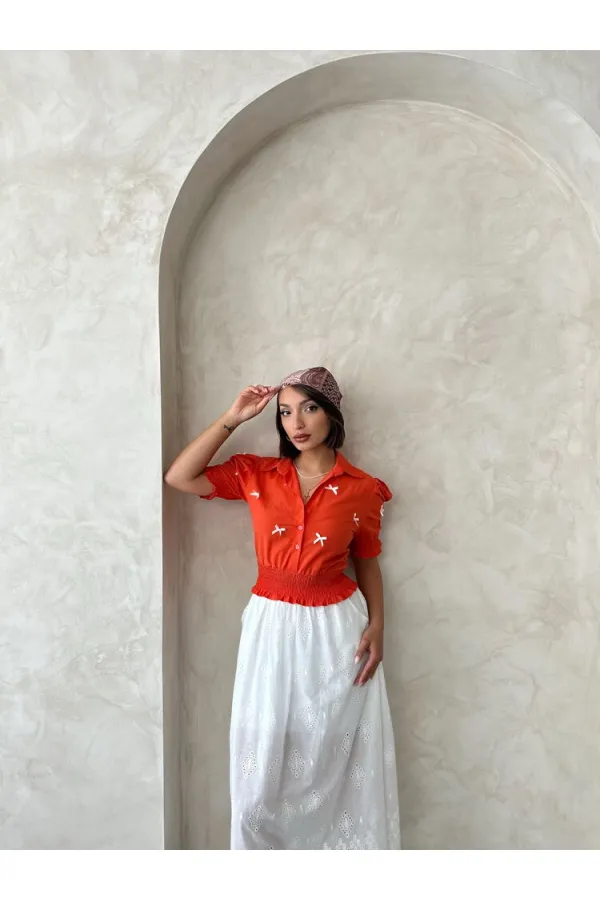 Kol Ucu Etek Gipeli Düğmeli Gömlek - Oranj Topshow