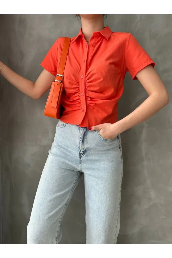 Topshow Orange Gipel Front Gathered Wholesale Blouse
