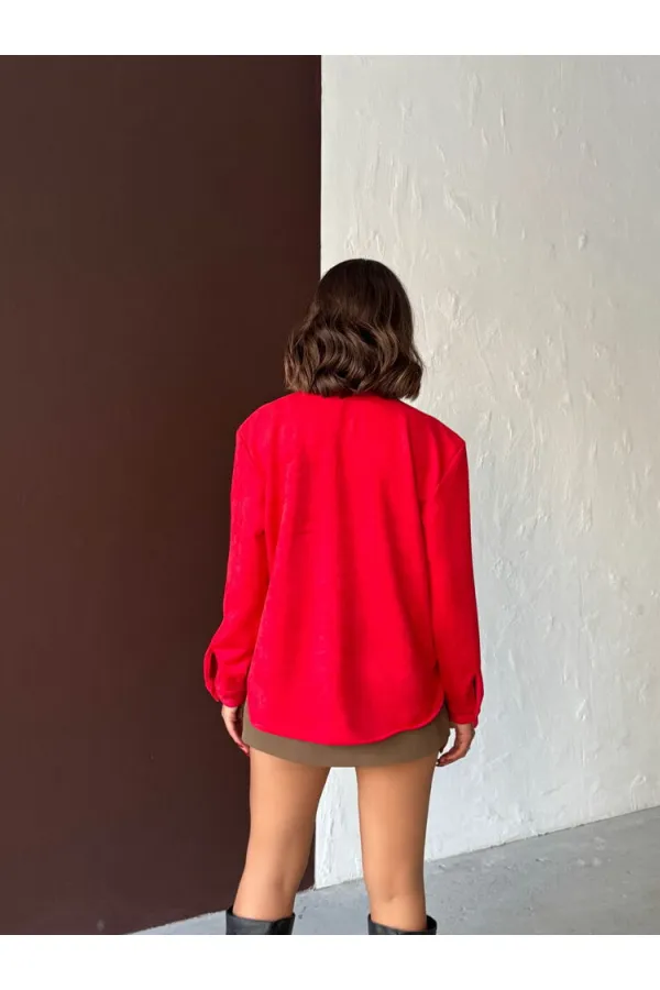 Topshow Striped Detail Scuba Suede Wholesale Shirt - Red | F1973