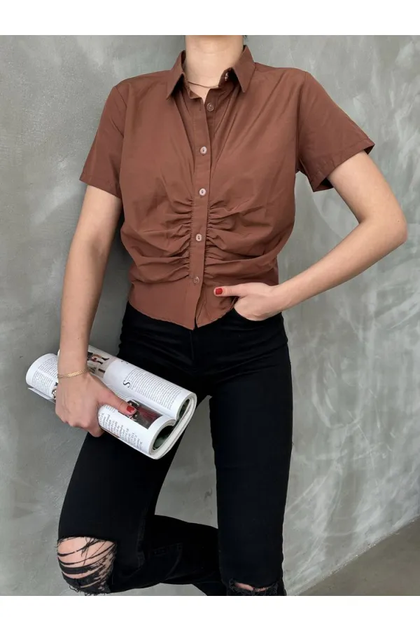 Topshow Brown Gipel Front Gathered Wholesale Blouse