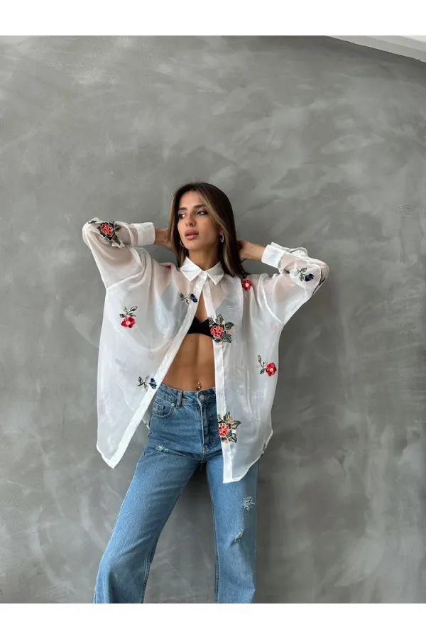 Embroidered Organza Wholesale Shirt - Cream | TOPSHOW | F1690