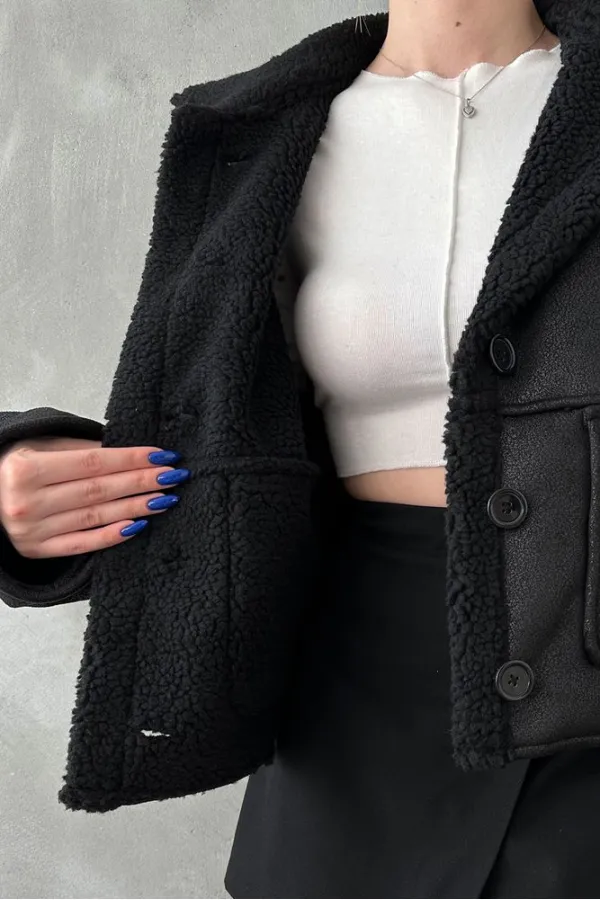 Manteau noir à col en fourrure nubuck (vente en gros) | TOPSHOW | F1553