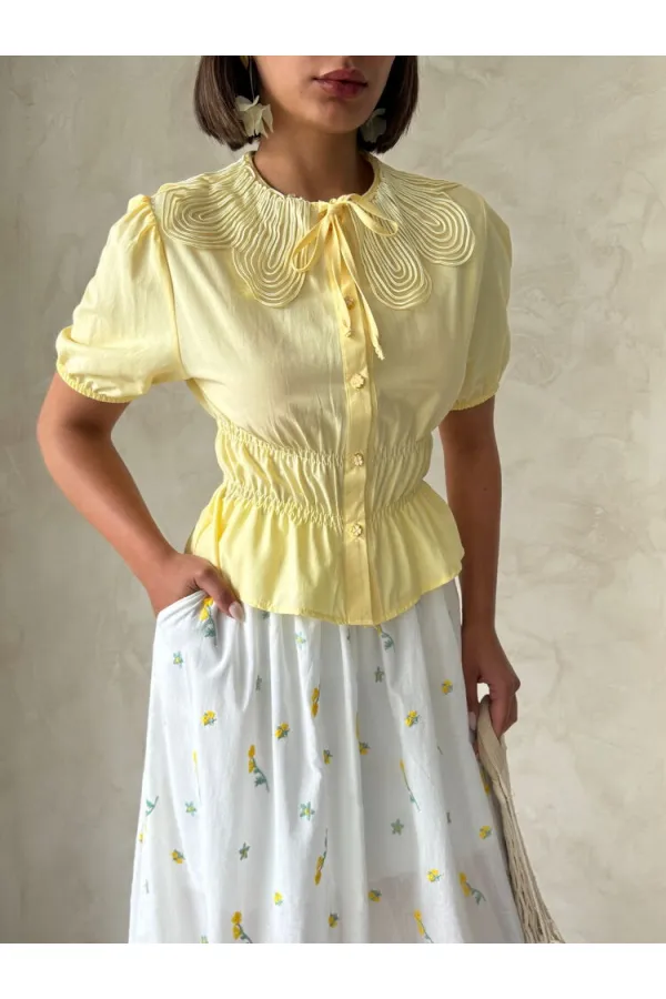 Gathered Shirt with Collar Detail - Yellow | Topshow