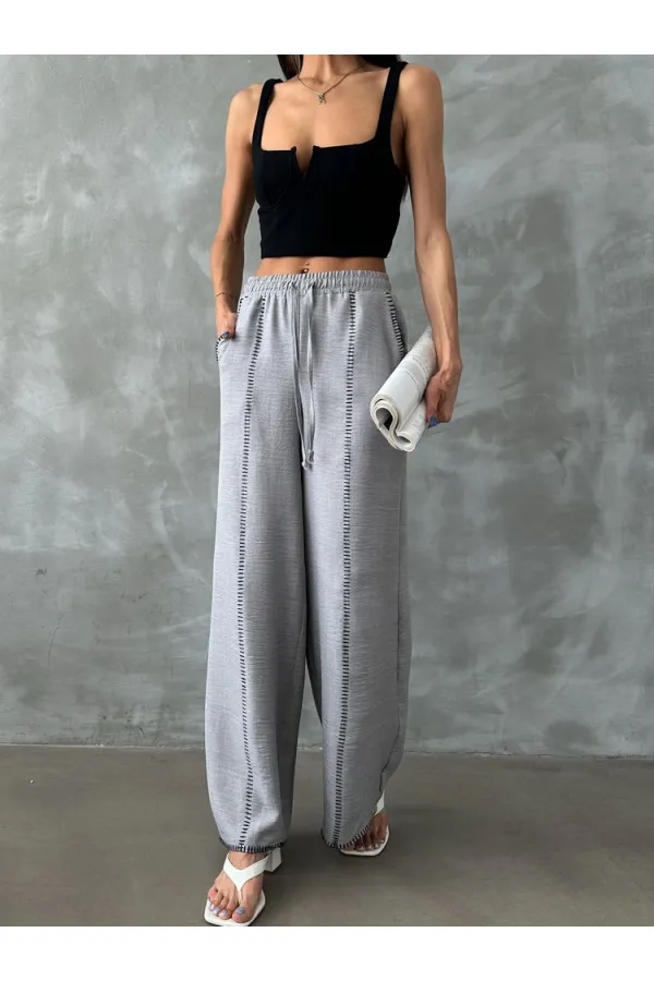 Pantalon droit en lin brodé - Gris | TOPSHOW | F1675