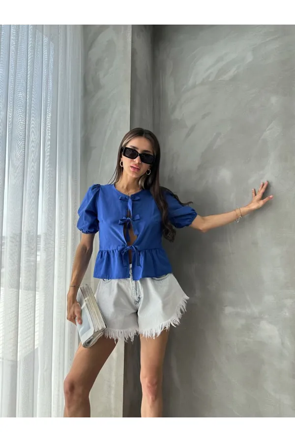 Topshow Saks Önden Bağlamalı Poplin Toptan Bluz