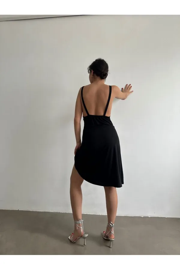 Robe Topshow noire à bretelles et col en V au-dessus du genou (vente en gros)