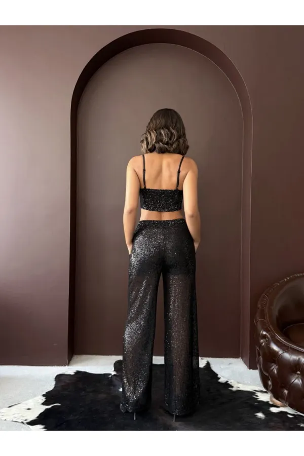 Topshow - Wholesale Sequined Wide Leg Women's Trousers - Stylish Night Outfit - Black