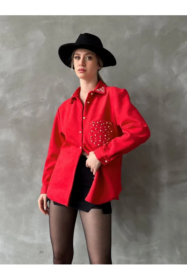 Wholesale Shirt with Tassel Pocket - Red | TOPSHOW | F1617