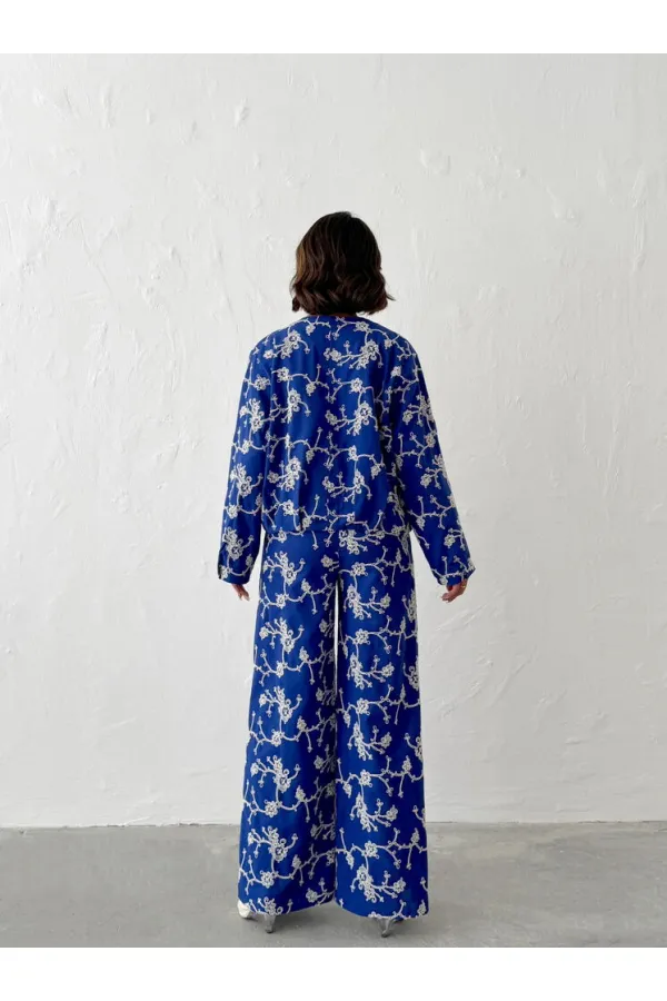 Çiçek Nakışlı Fermuarlı Ceket - Saks | Topshow | F1948