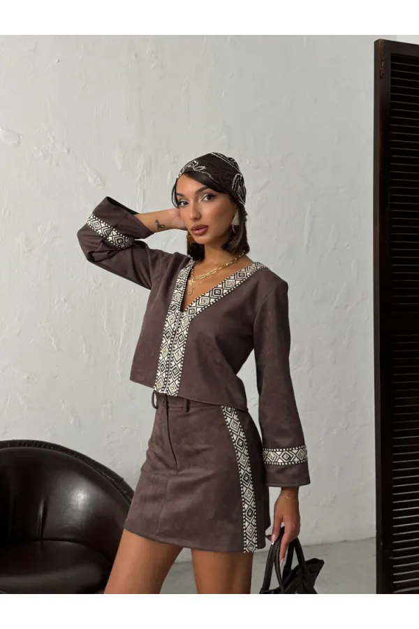 Topshow Stripe Detailed Scuba Suede Zippered Jacket - Brown | F1971