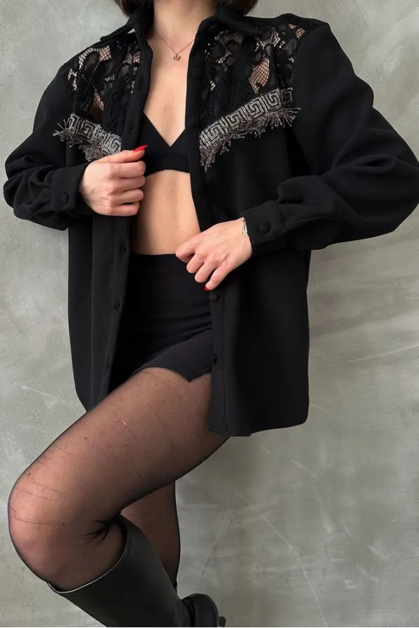 Detailed Wholesale Shirt - Black | TOPSHOW | F1578