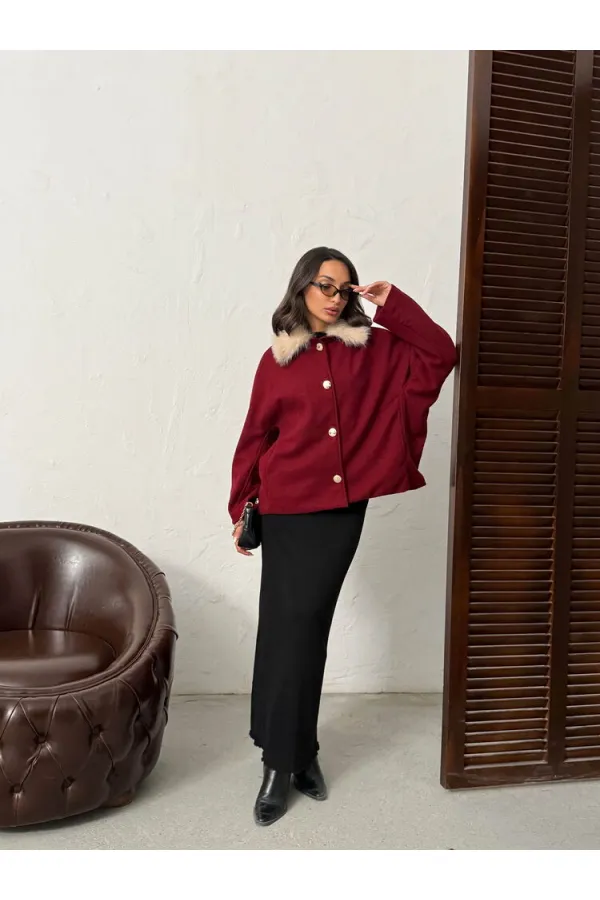 Manteau en cachemire boutonné à col peluche Topshow - Bordeaux | F2048