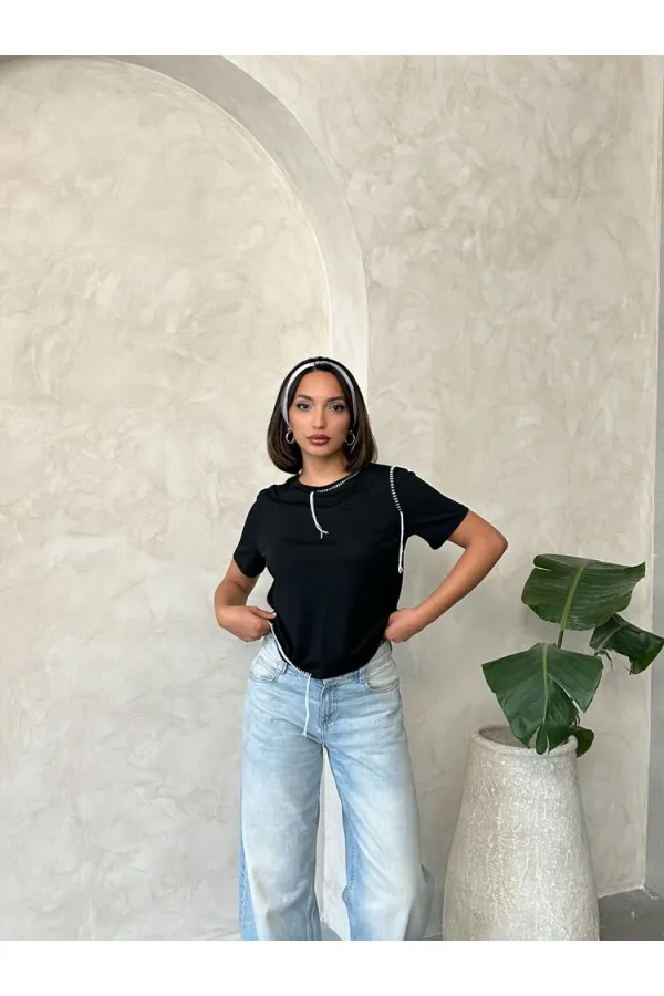 Topshow Siyah Çoban Dikişli Toptan Tişört