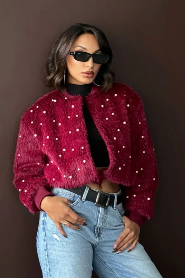 Topshow - Veste bomber en fausse fourrure (vente en gros) - Détails perles - Bordeaux