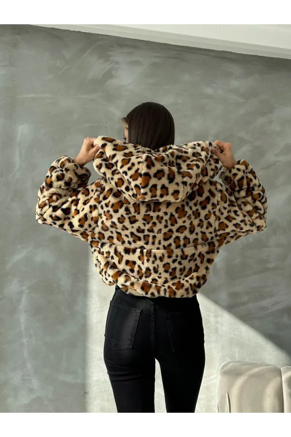 Leopar Bakılı Peluj Toptan Mont - Koyu Taş Leopar | TOPSHOW | F1654