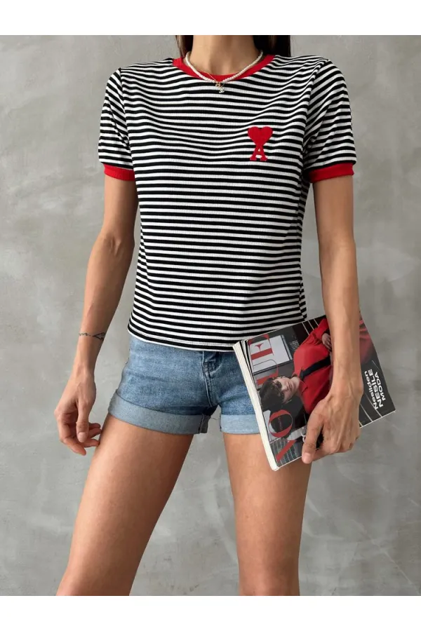 T-shirt rayé brodé noir et rouge Topshow en gros