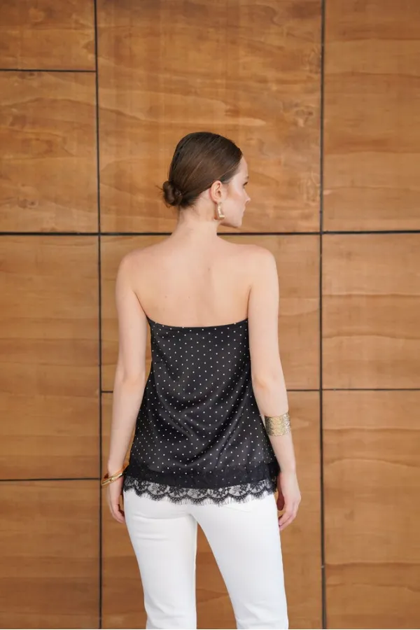 Bustier en satin noir à pois et détails en dentelle | D2963 - Topshow