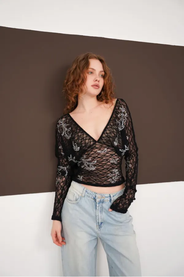 Blouse en dentelle à col V en gros - Noire | F2093 - Topshow