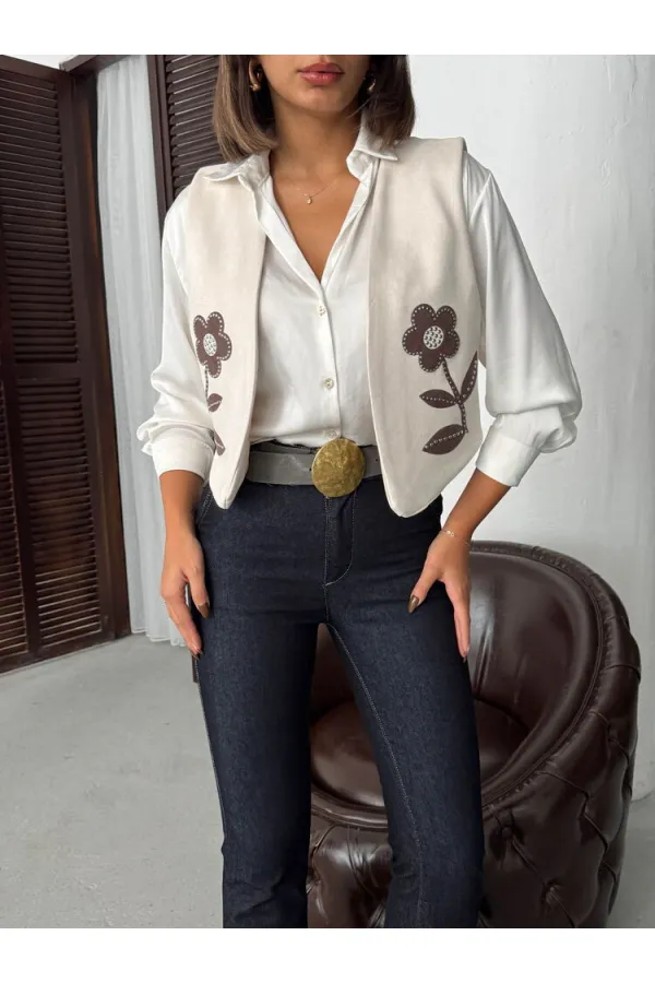 Topshow Appliqued Scuba Suede Vest - Stone | F2025