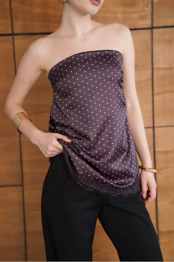 Bustier en satin à pois et détails en dentelle - Café | D2963 - Topshow