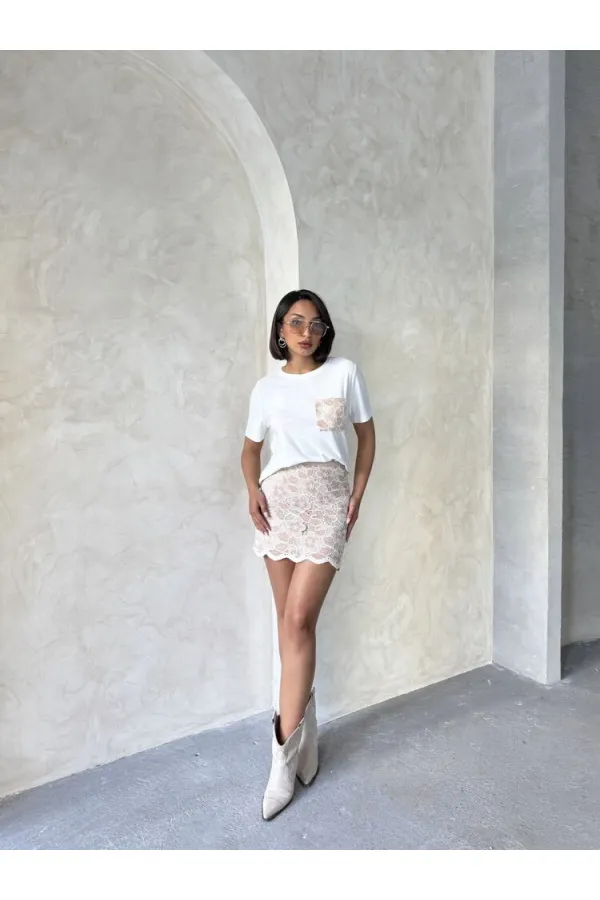 Cep Detaylı Tişört - Krem Pudra | Topshow