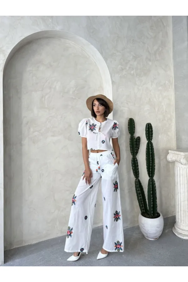 Nakışlı Pantolon - Krem | Topshow