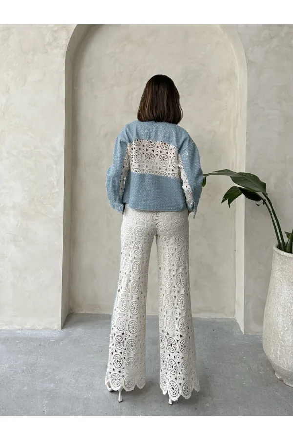 Veste en jean Topshow Blue DSN1 avec détails en dentelle (vente en gros) | F1758