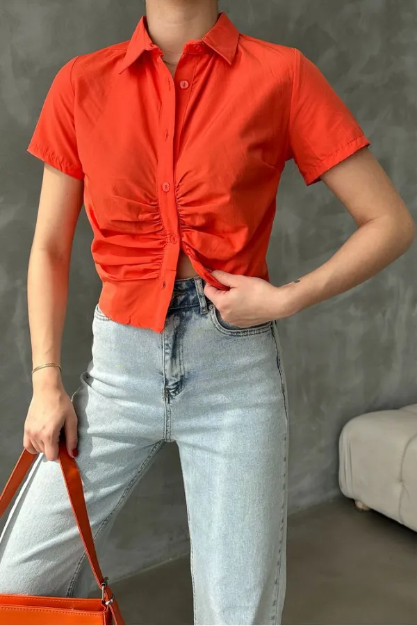 Topshow Orange Gipel Front Gathered Wholesale Blouse