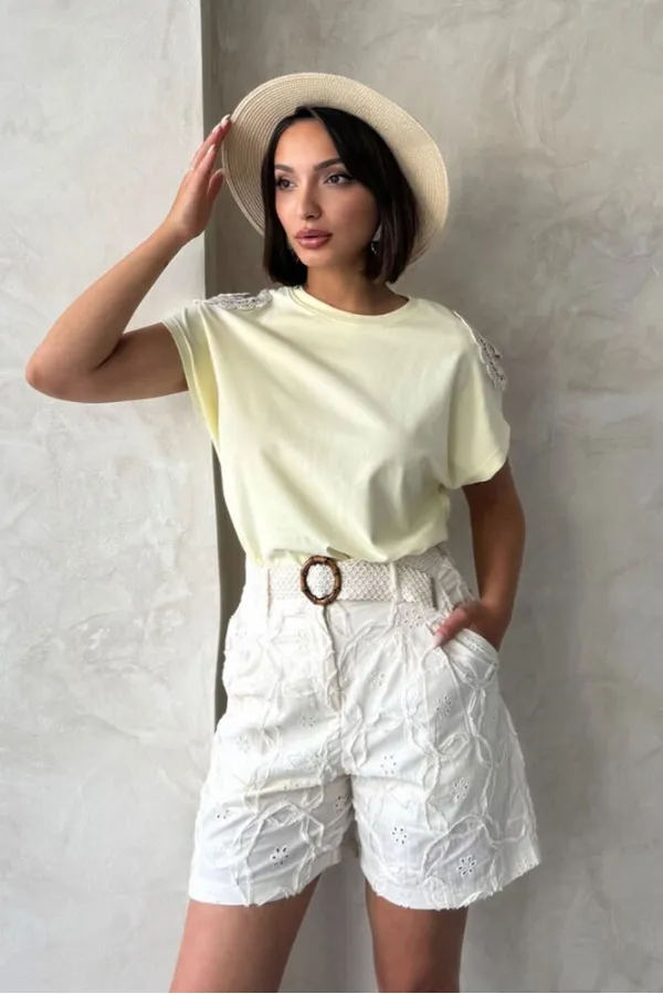 Omuzu Dantelli t-Shirt - Sarı - D2532 | Topshow