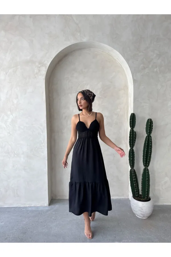 Robe longue Topshow en lin noir à bretelles et col en V, vente en gros