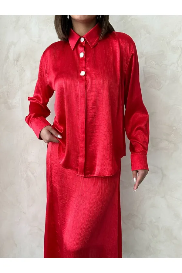 Chemise en satin Krasli en gros - Rouge | Topshow | F1914