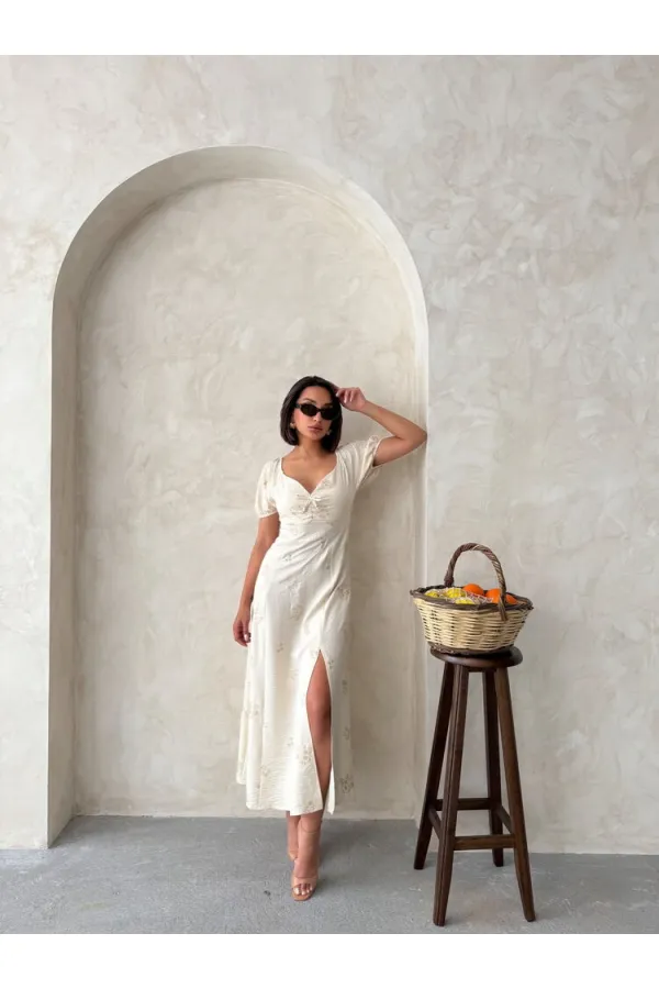 Nakışlı Keten Toptan Elbise - Taş | Topshow