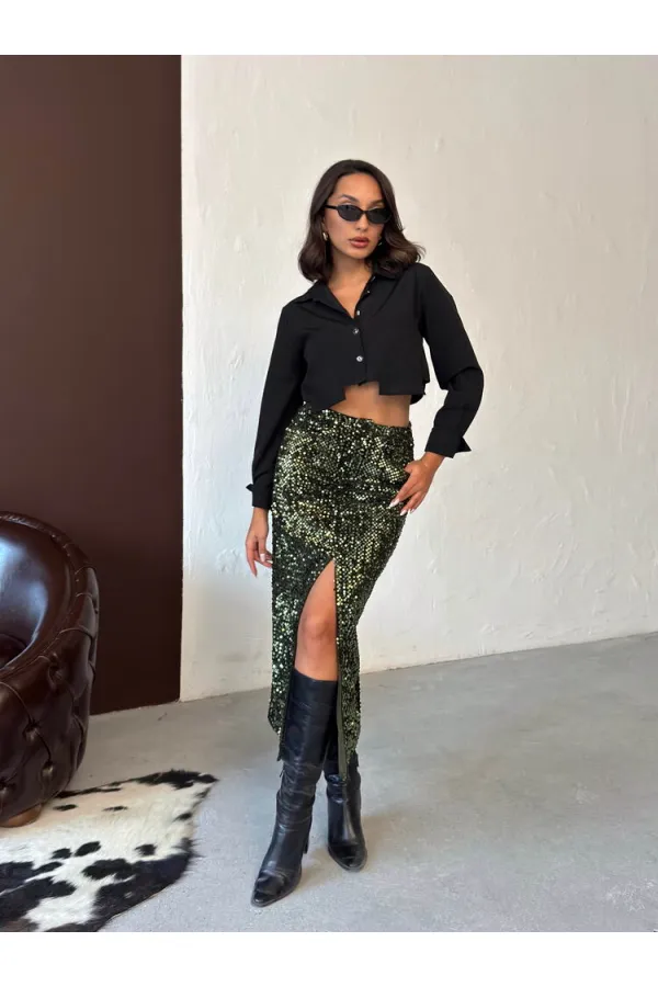 F 2053 SEQUINED VELVET LONG SKIRT - KHAKI