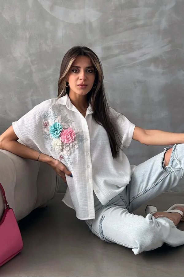 Topshow Krem Çiçek Detaylı Toptan Gömlek