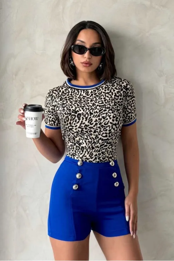 T-shirt à col rond Léopard Saxe | Topshow