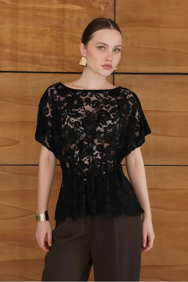 Blouse brodée à la taille en gros - Noire | D2966 - Topshow
