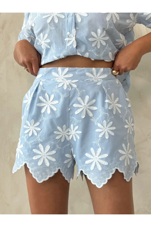 Nakışlı Toptan Şort - Mavi | Topshow