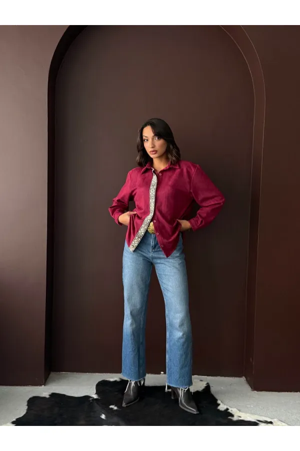 Topshow Şerit Detaylı Scuba Süet Toptan Gömlek - Mürdüm | F1973