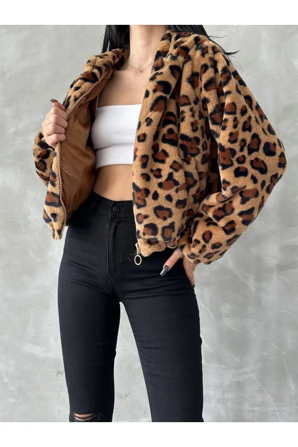 Leopar Bskılı Pejuş Toptan Mont - Camel Leopar | TOPSHOW | F1654