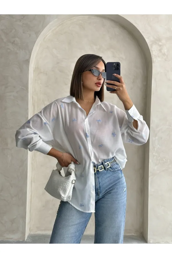 Nakışlı Vual Toptan Gömlek - Mavi | TOPSHOW | F1876