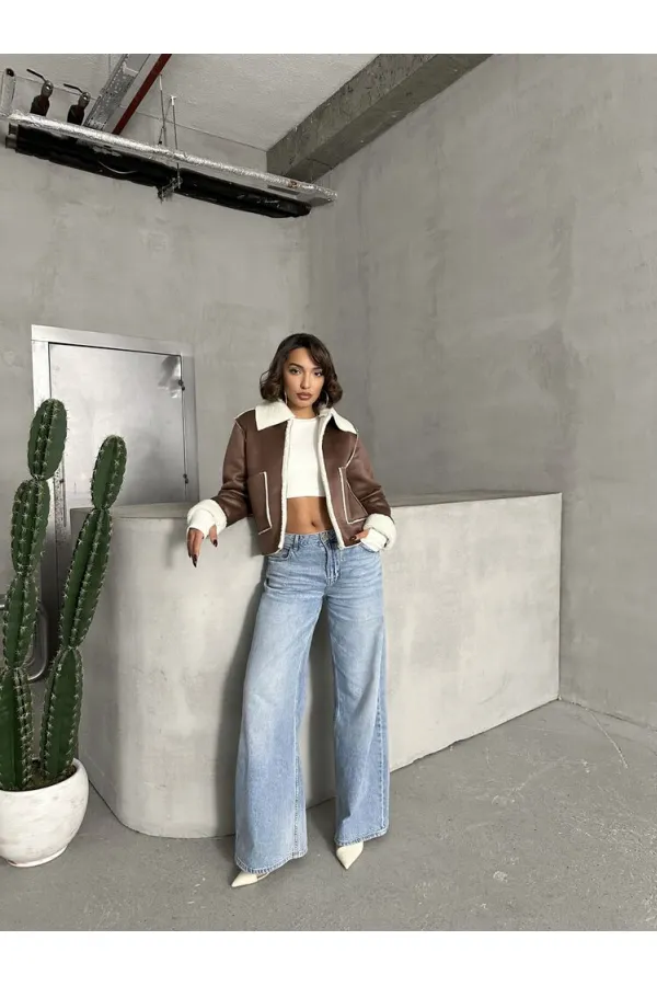 Süet Peluş Toptan Mont - Taba Krem | TOPSHOW | F1856