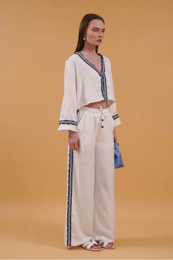 Denim Striped Wholesale Trousers - Cream | Topshow | F1890