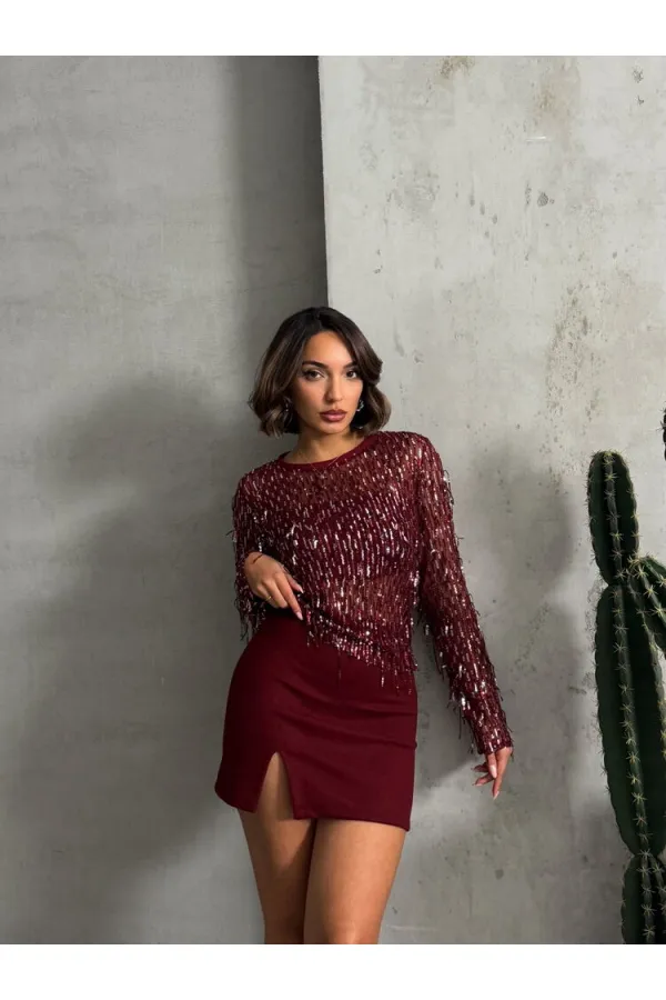 Yırtmaçlı Toptan Etek - Bordo | TOPSHOW | F1351