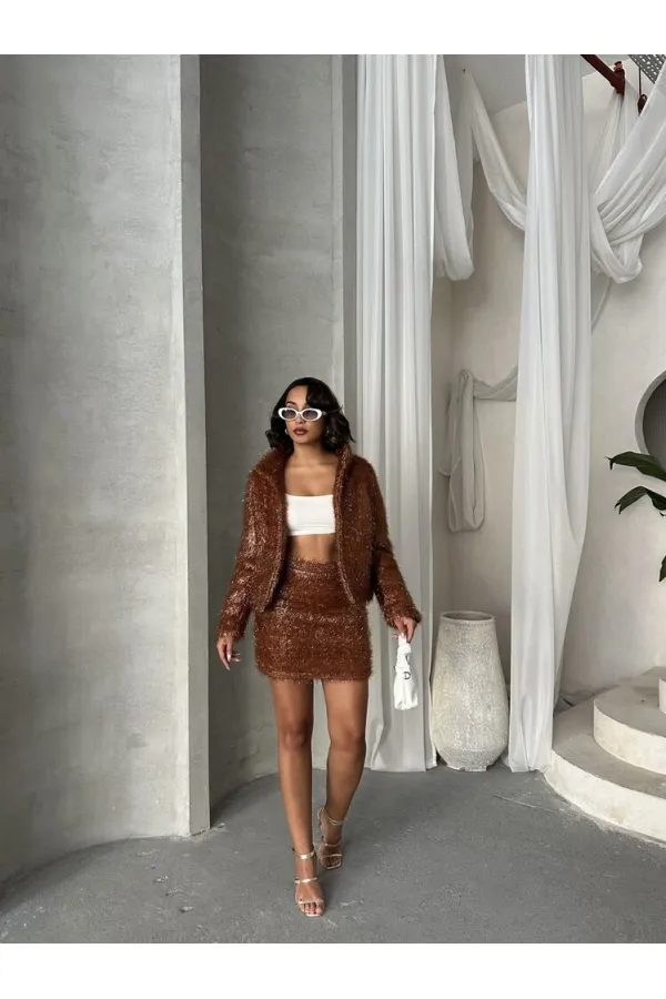 Simli Saçaklı Toptan Mont - Kahve | TOPSHOW | F1838